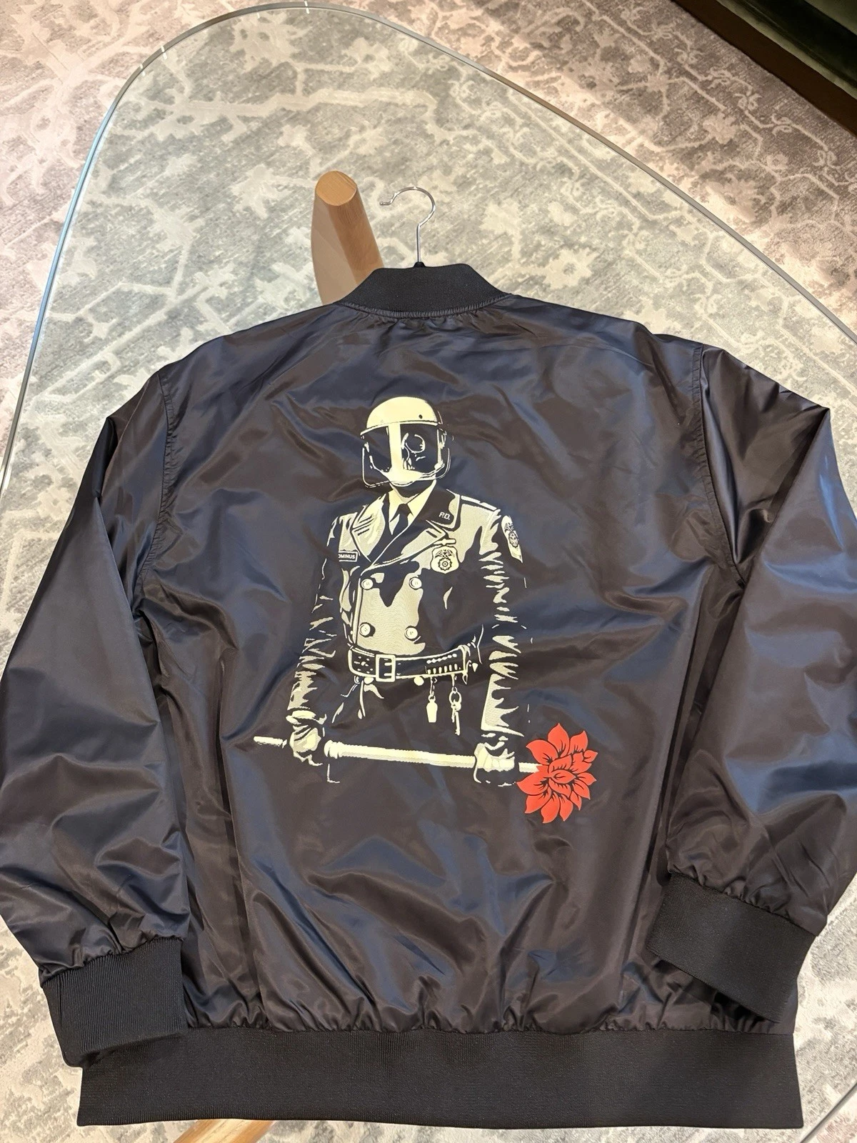 Obey Propaganda No. 89 Satin Bomber Jacket M Black Riot Cop Skull Red Flower - product detail image 2