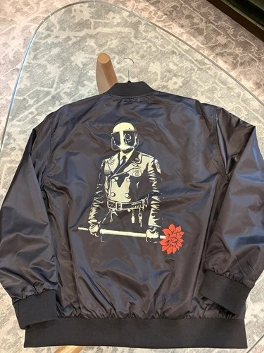 Obey Propaganda No. 89 Satin Bomber Jacket M Black Riot Cop Skull Red Flower image 2