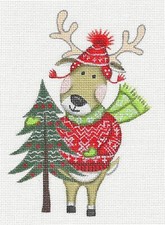 "Nordic Reindeer w/ Tree" HP Needlepoint Ornament Canvas by L. Siebert  P.Pony