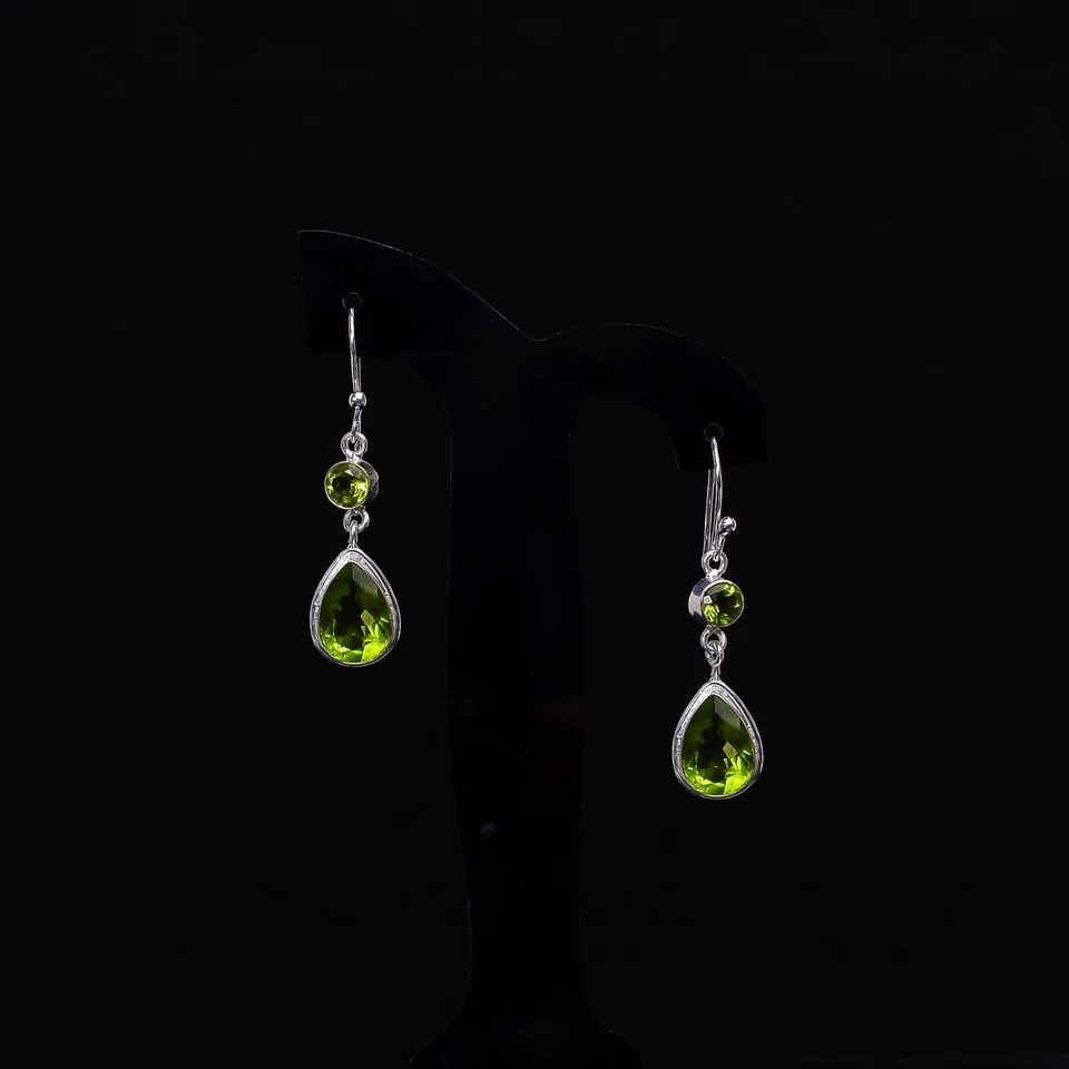Pendientes étnicos colgantes/gotas de piedras preciosas de peridoto natural joyería de plata de ley 925 Foto 3 de 4