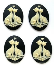 4 IVORY color LOVE CATS and ROSES on BLACK 40mm x 30mm Costume Jewelry CAMEOS
