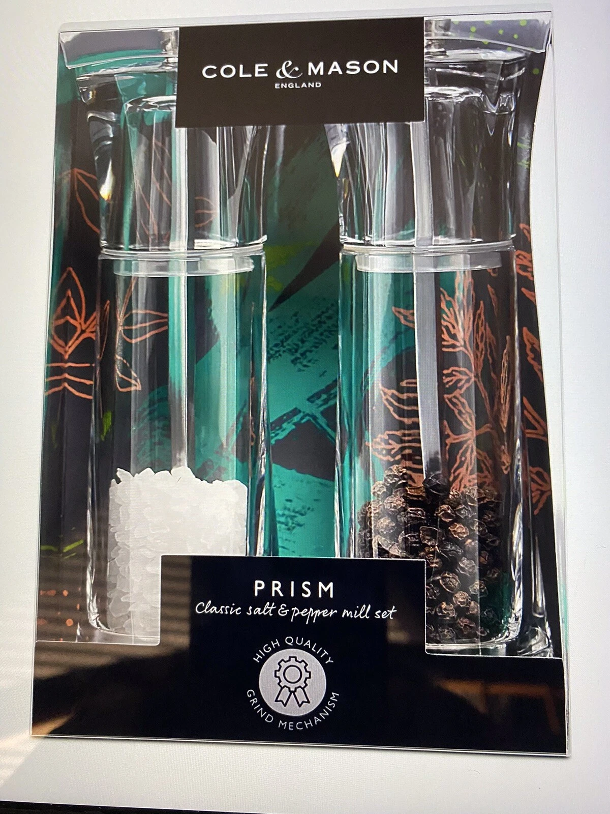 Cole & Mason Salt and Pepper Adjustable Grinder Mill Clear Acrylic Prism NEW