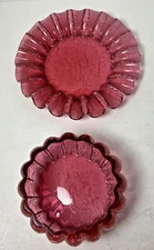 Set of 2 Vintage Cranberry Crackled Glass Plate & Bowl Scalloped Ruffled Edges