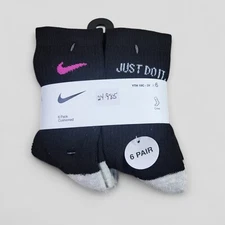 NIKE Girls Socks Crew Cushioned School Kids Everyday 6 Pair Shoe 10C-3Y Black 