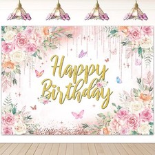 Happy Birthday Backdrop Women Floral Happy Birthday Background Rose Glitters ...