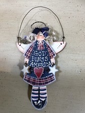 Vtg Primitive Country Handcrafted Wooden Angel Wall Hanging God Bless America