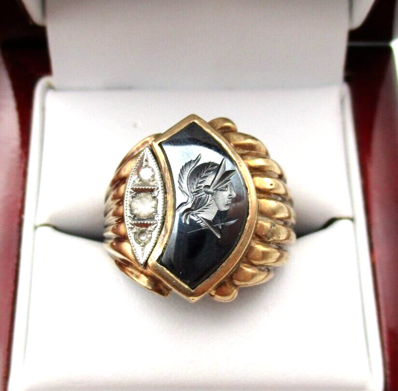 Vintage 10K Gold Hematite White Topaz Roman Soldier Men's Ring Size 9.5 [R288]