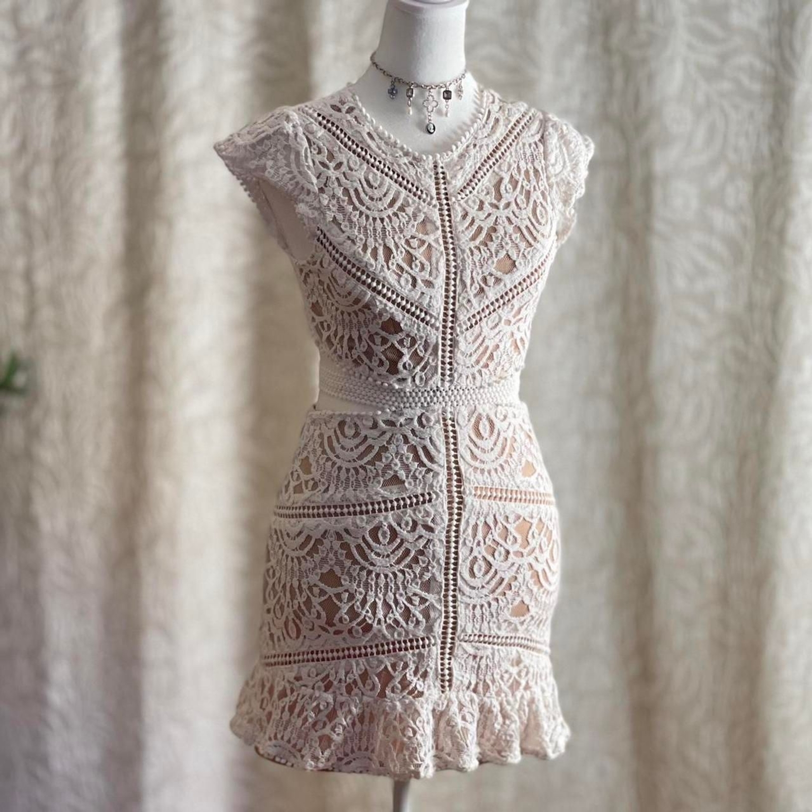 Signature8 White Lace Crochet Victorian Mini Dress Boho Romantic Size S