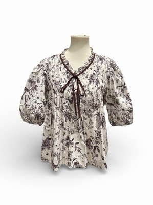 She + Sky Toile Print Puff Sleeve Blouse Peasant Top Size S New
