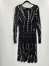 Cynthia Rowley Womens Long Sleeve Dress L Black/Brown/White Pattern Cotton/Rayon