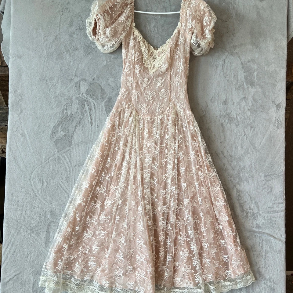 Scott McClintock Vintage Lace Dress Pink Romantic Prairie Cottagecore Gown *flaw - Image 3 of 4
