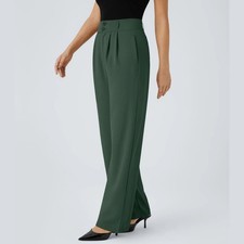 Halara Women High Waisted Zipper Pocket Shirred Straight Leg Work Pants Green XS