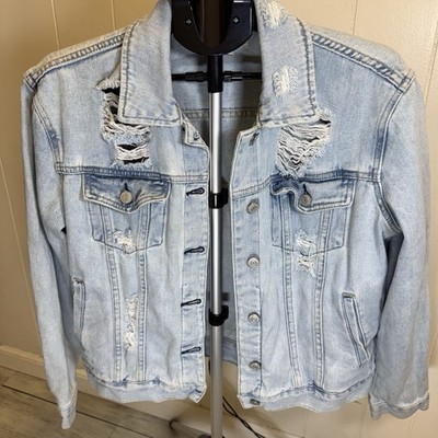 PacSun Jacket Women Large Jean Light Wash Long Sleeve Super Distressed Denim