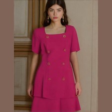 Vintage 80s 90s Talbots Pink Woven Button Detail USA Made Classic Shift Dress 10
