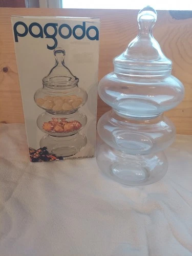 Vtg Anchor Hocking 3 Tier PAGODA Candy Jar, Stacking Candy Dishes w/ Lid