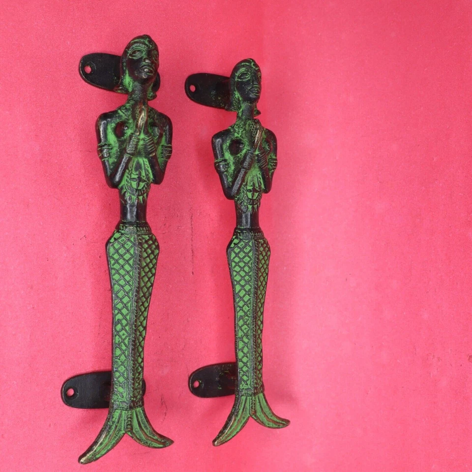 Antique Style Mermaid Shape Handcrafted Brass Wardrobe Window Door Pull Handles - Image 2 of 4