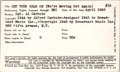 Tune-Dex Card 36 ''Get Your Gear On'' Lead Sheet Chord Chart BMI 1945 New York
