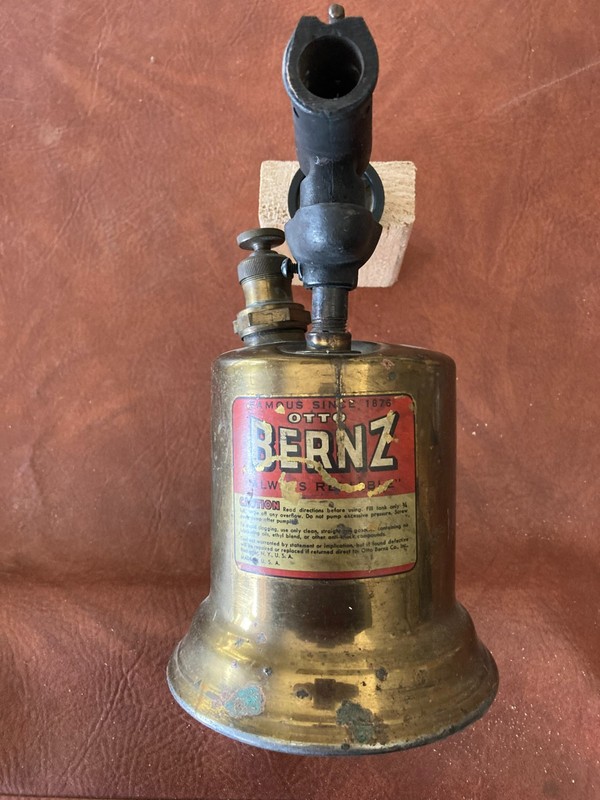 Antique Brass Blowtorch Gasoline Torch w Wood Handle Otto Bernz