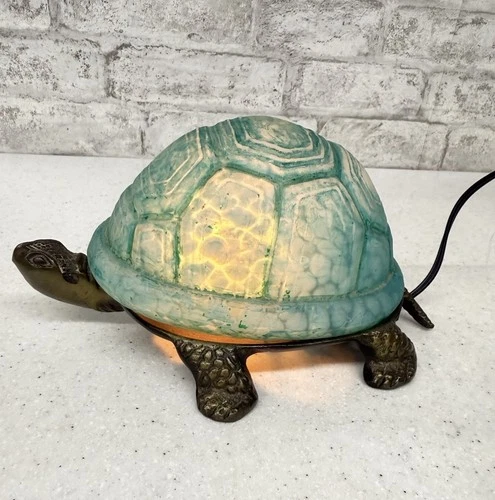 VTG Tiffany Style Brass & Green Glass Turtle Night Light Lamp Table Gift