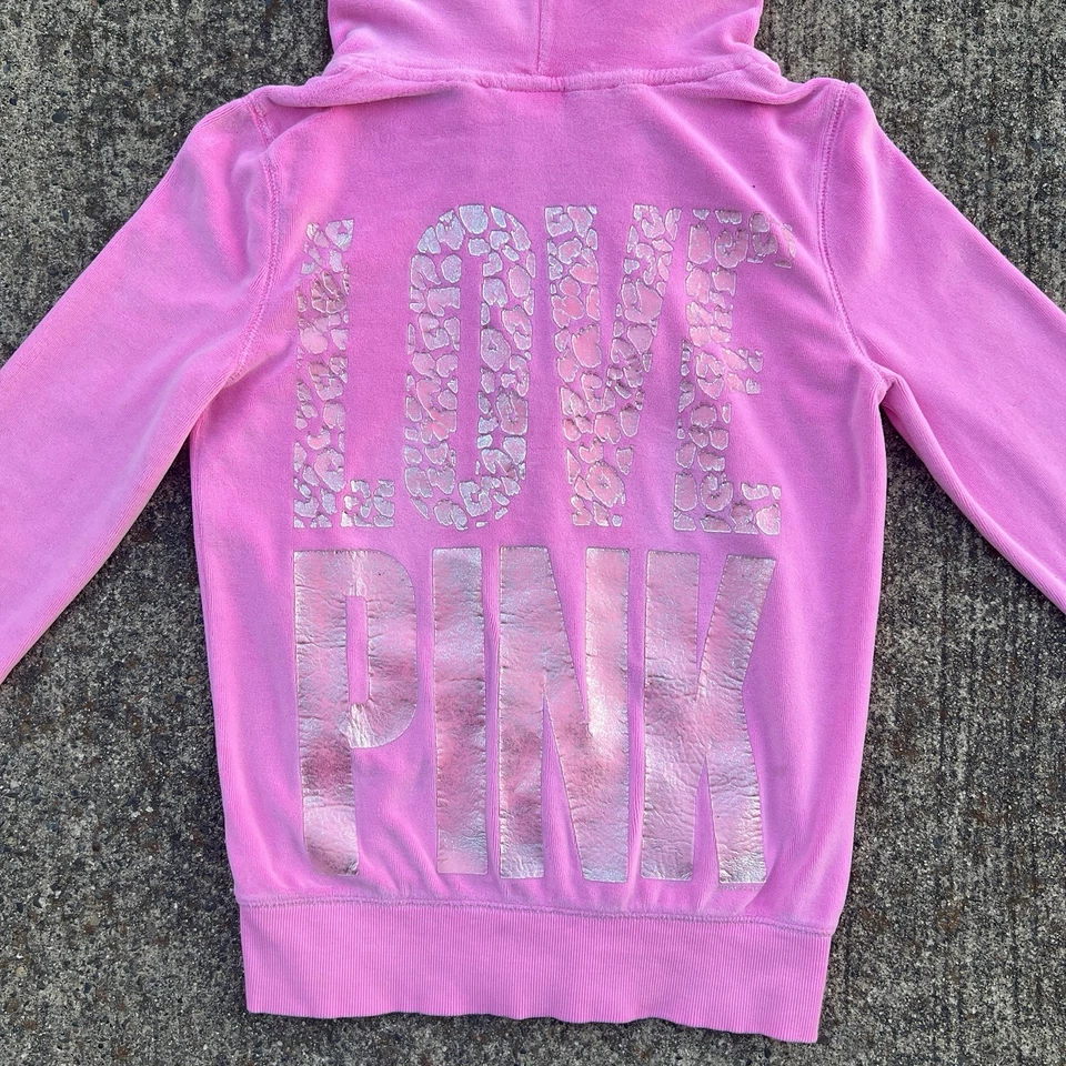 Suéter con Capucha de Terciopelo con Cremallera ROSA Brillante ROSA Victoria's Secret De Colección Talla XS o S Foto 2 de 4