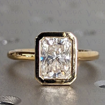 3Ct Radiant Shape Lab Diamond Solitaire Bezel Ring Handmade 14k Yellow Gold Over - image 1 of 4