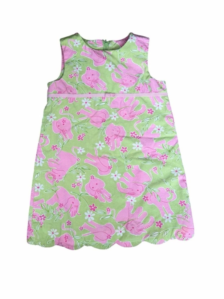 Lilly Pulitzer Green and Pink Elephant Dress Cotton Scalloped Girls Size 4  | eBay