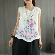 Women's Ethnic Summer Retro Embroidery Sleeveless Linen Bottoming Vest Top