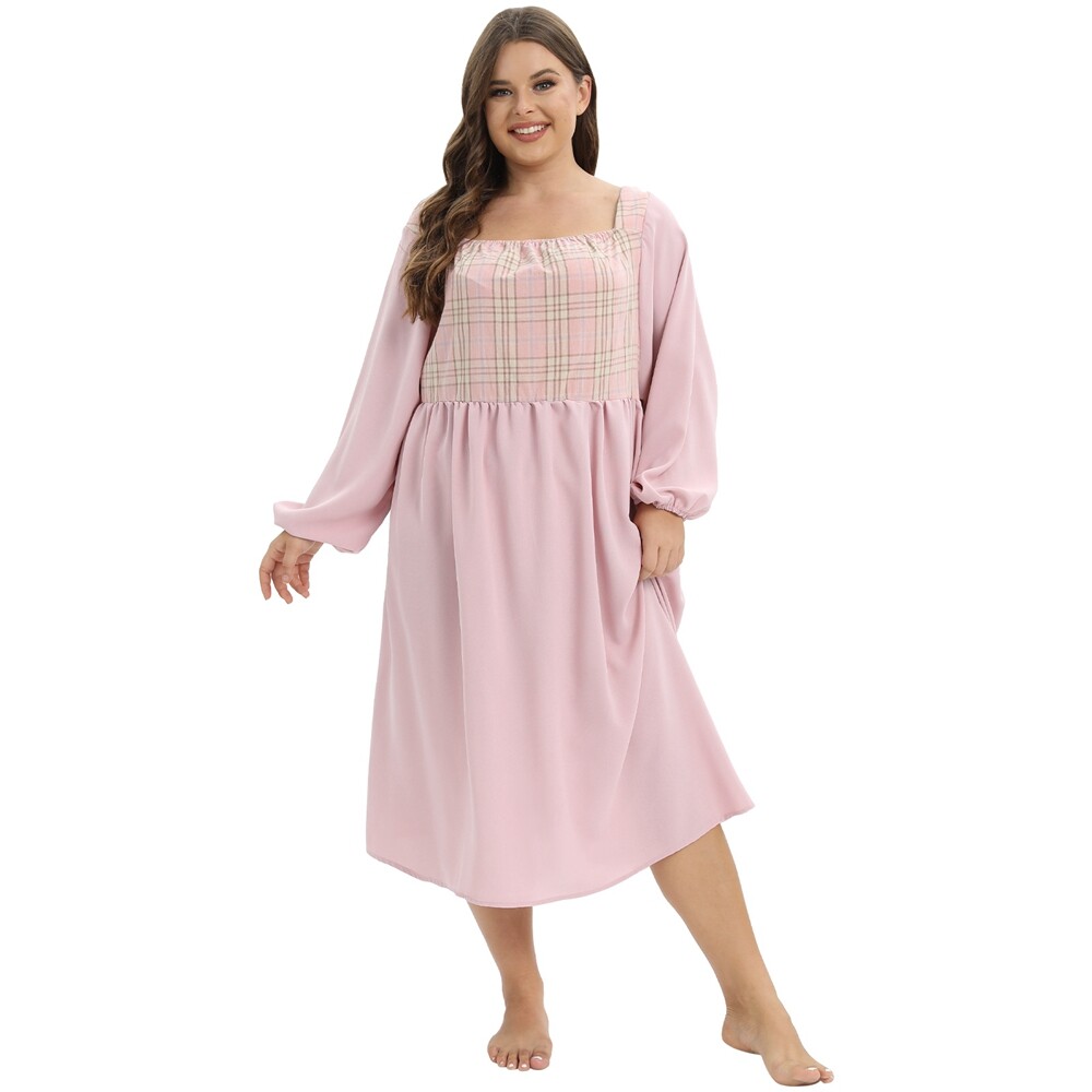 Womens Long Sleeve Nightgown Square Neck Plus Size Sleep Dress