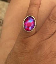 Retro Hammered Silver W/ Oval Fuchsia Crystal Ring - adjustable band - Size 6