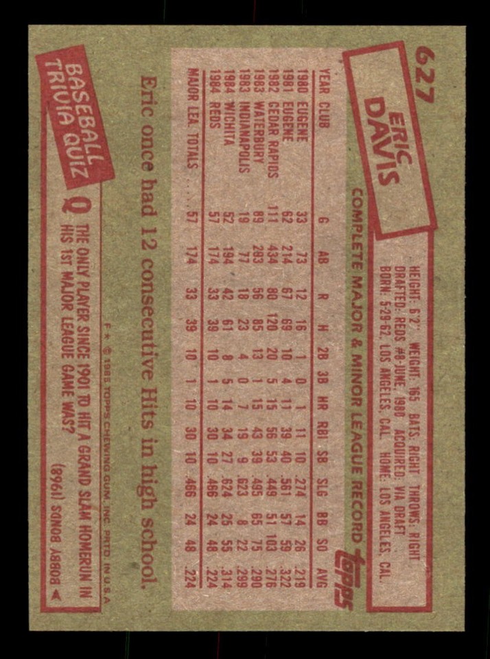 1985 Topps Baseball #627 Eric Davis NM/MT or Better *d7 | eBay