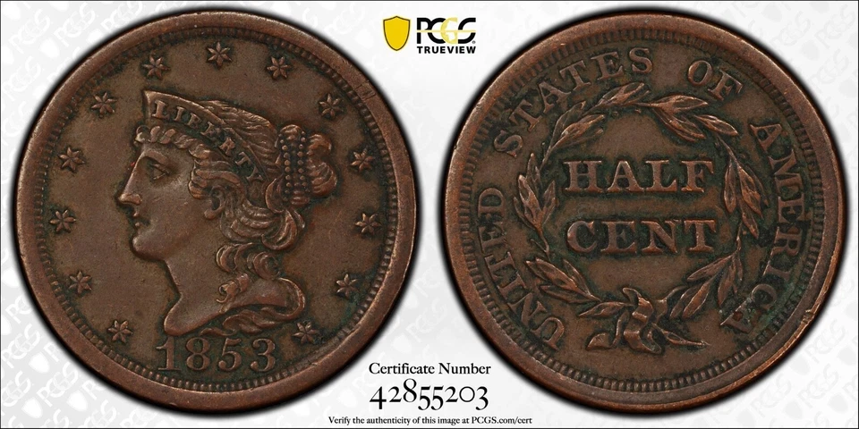 1853 Braided Hair Half Cent PCGS Genuine XF Details • Sharp LIBERTY & Bold Date - Image 2 of 4