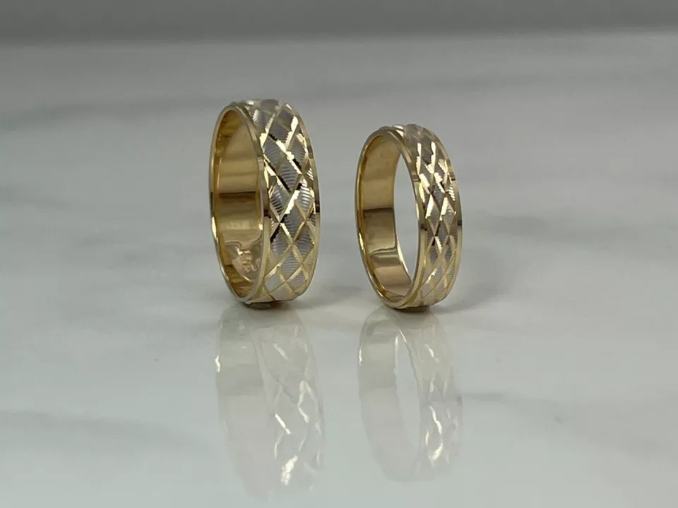 14K Two Tone Gold Wedding Band Ring Set His Hers Matching Duo Diamond Pattern - Image 2 of 4
