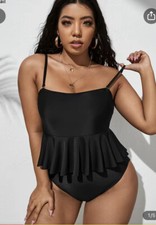Women Black Plus Size One Piece Swimsuit Tummy Control Ruffle 18 New