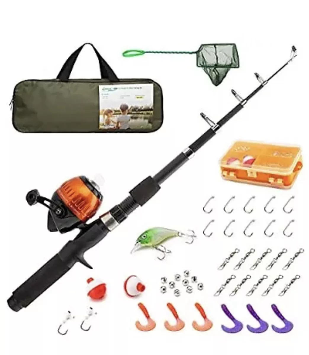 Kids Fishing Pole and Tackle Box - with Net, Travel Bag, Reel and