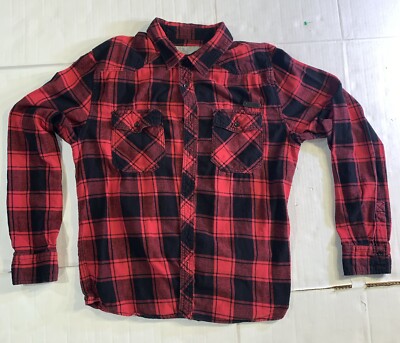 Brandit Long Sleeve Checkered Check Pattern Flannel Button Up Shirt Red Black XL