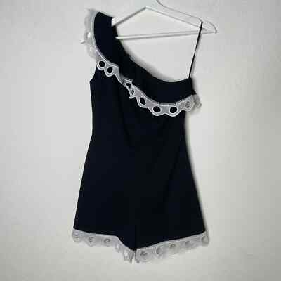 ALEXIS One Shoulder Romper Black White Crochet Trim XS Textured Designer