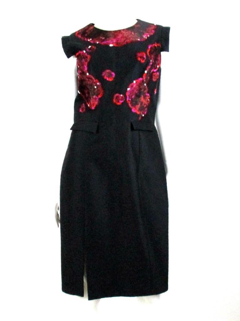 ERDEM BLACK FAILLE FLORAL EMBROIDERED KNEE LENGTH SHEATH DRESS