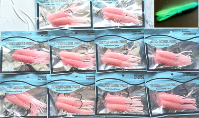 10x Luminous Pink Double WINGED SQUID MUPPET Angelrig Dorsch Seelachs 7/0 Haken