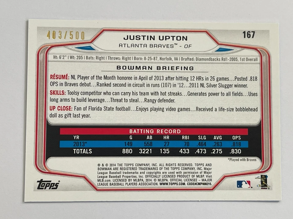2014 Topps Bowman Braves Justin Upton Blue /500 #167 - Image 2 of 2