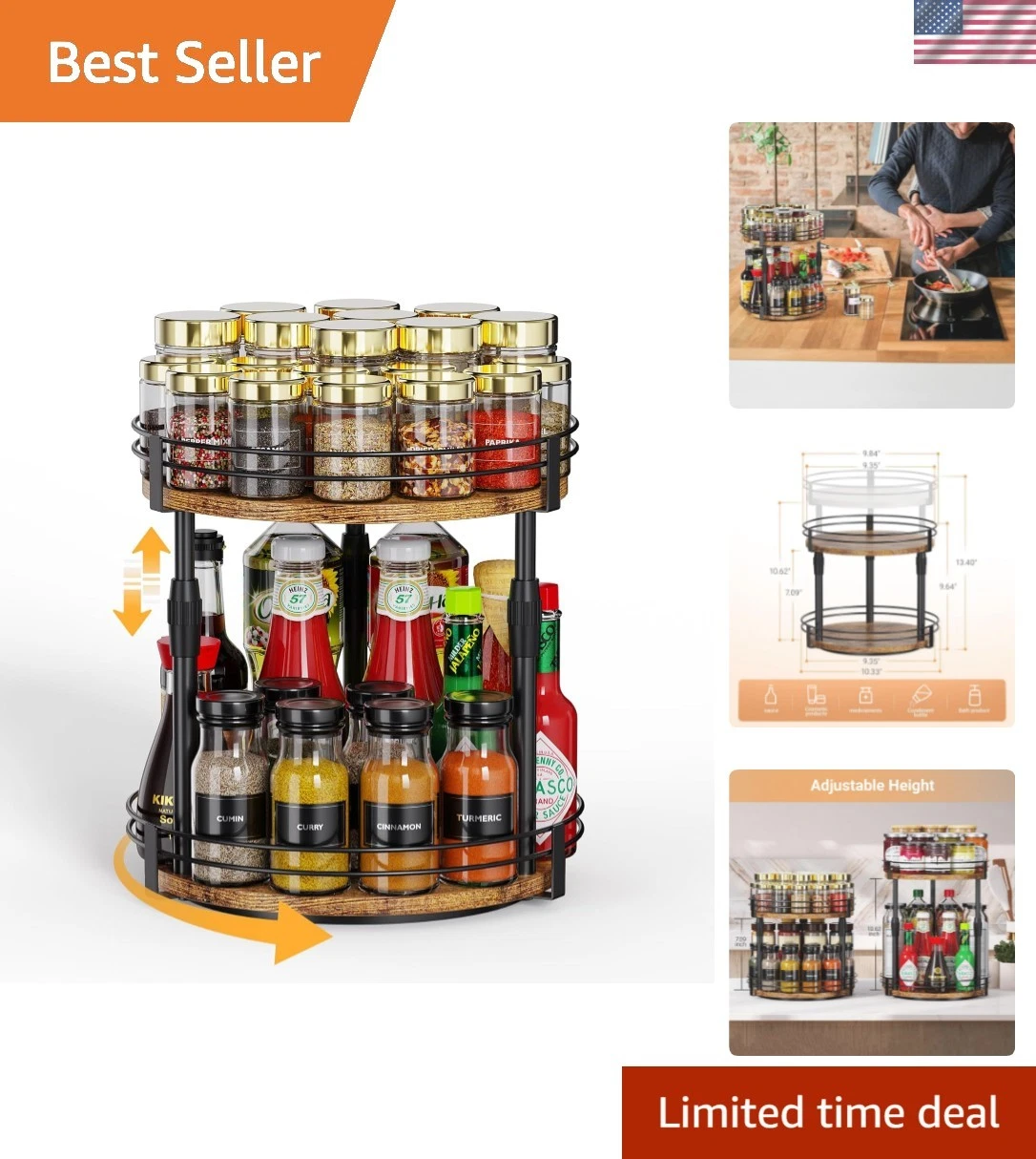 Lazy-Susan-Organizer-Spice-Rack, 2-Tier Rotating Spice Organizer For Kitchen-...