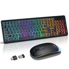 Wireless Keyboard and Mouse Combo, Rechargeable Rainbow LED Light Up Keyboard...