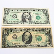 1977 Series $1 $10 U.S. Wet Ink Transfer Error Bank Notes Lot of 2 NR #C980-3