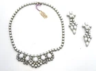 Vtg. Milk Glass Rhinestone Necklace Earrings Costume Jewelry Set - 06