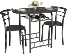 Compact 3-Piece Dining Room Set: Wooden Table & Chairs with Rustic Wine Holder