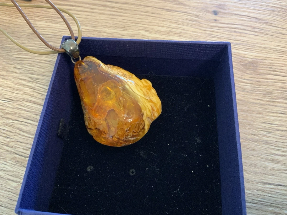 Pendentif Cœur En Ambre Baltique Cognac - Monture Argent 925, Fabrication Lituanie, Neuf