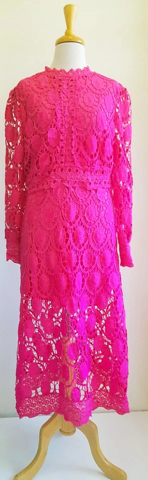 Hot Pink Laced Patterned Lined Puffed Sleeve Event Dress M/L - image 2 of 4