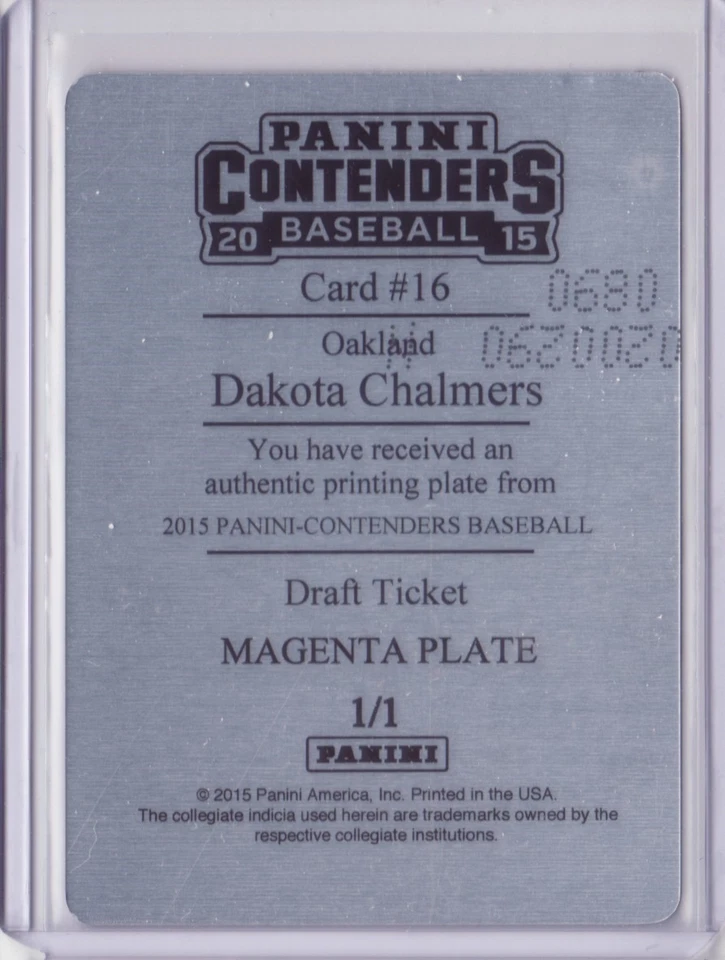 2015 Contenders Draft Ticket Magenta Printing Plate Auto Dakota Chalmers 1/1 - Image 2 of 2