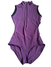 Yumiko Leotard Back Cut Out Size S Mock Turtleneck Zipper Purple Black
