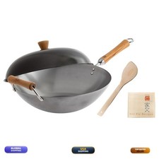 Joyce Chen Classic Series 14-Inch Uncoated Carbon Steel Wok Set Lid And Birch