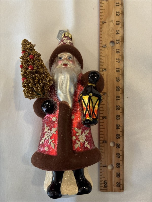 Kurt Adler Santa With Lantern & Tree Glass Ornament 6”